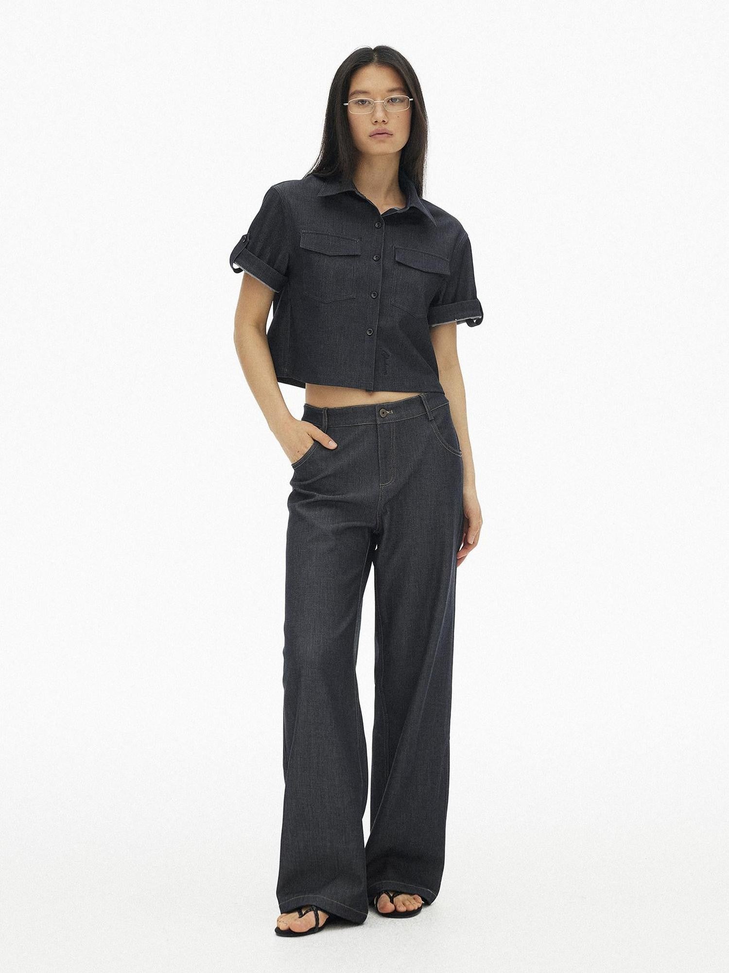 AFTADAWN Denim Utility Patch Pocket Loose Short Sleeve Women&