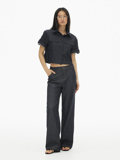 AFTADAWN Denim Utility Patch Pocket Loose Short Sleeve Women&