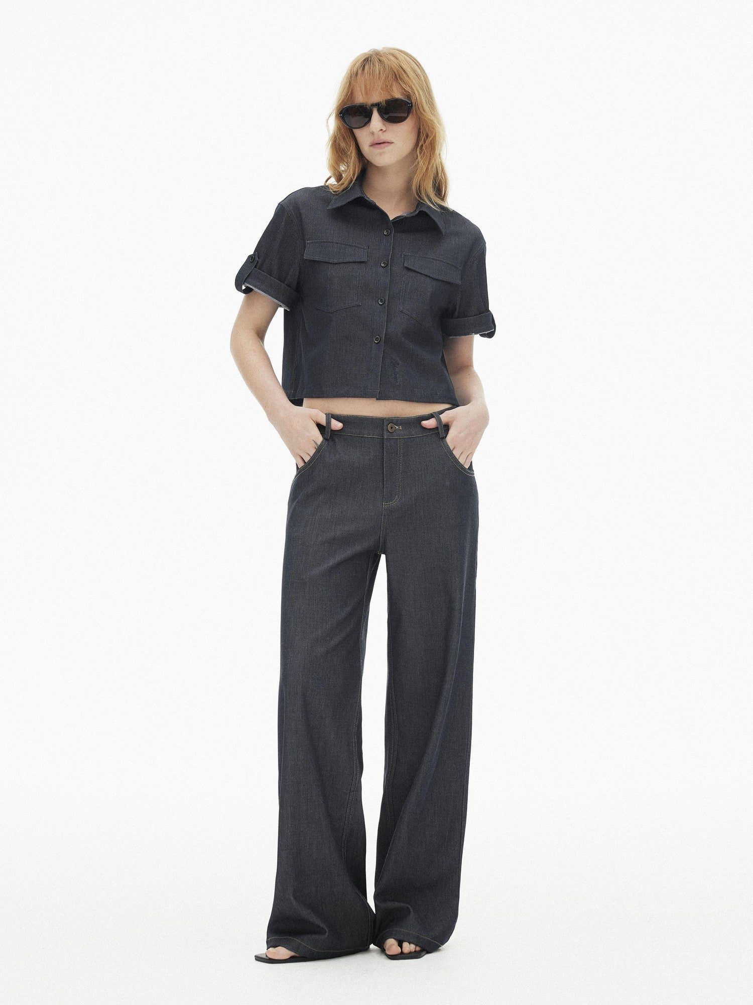 AFTADAWN Denim Utility Patch Pocket Loose Short Sleeve Women&