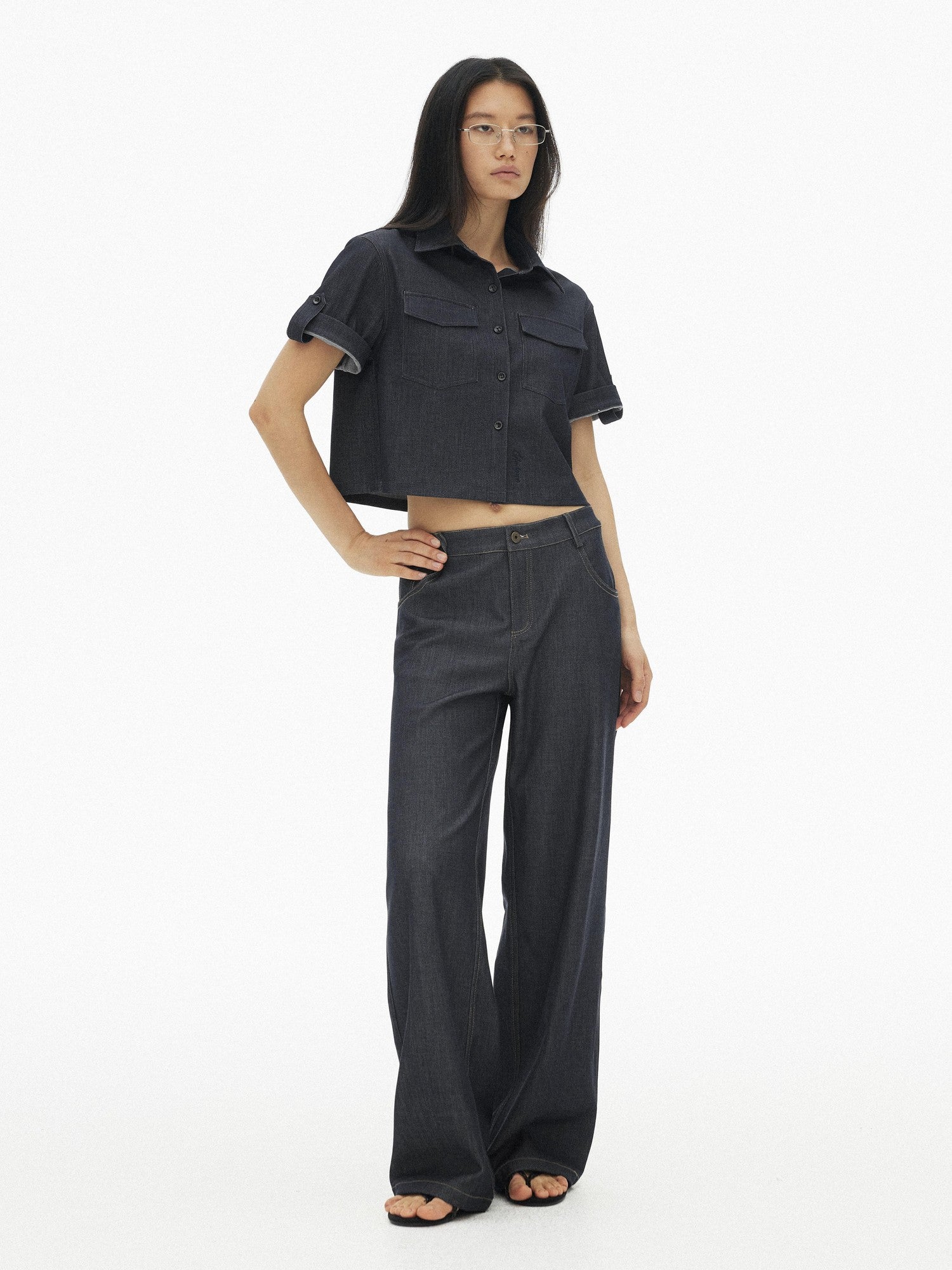 AFTADAWN Denim Utility Patch Pocket Loose Short Sleeve Women&