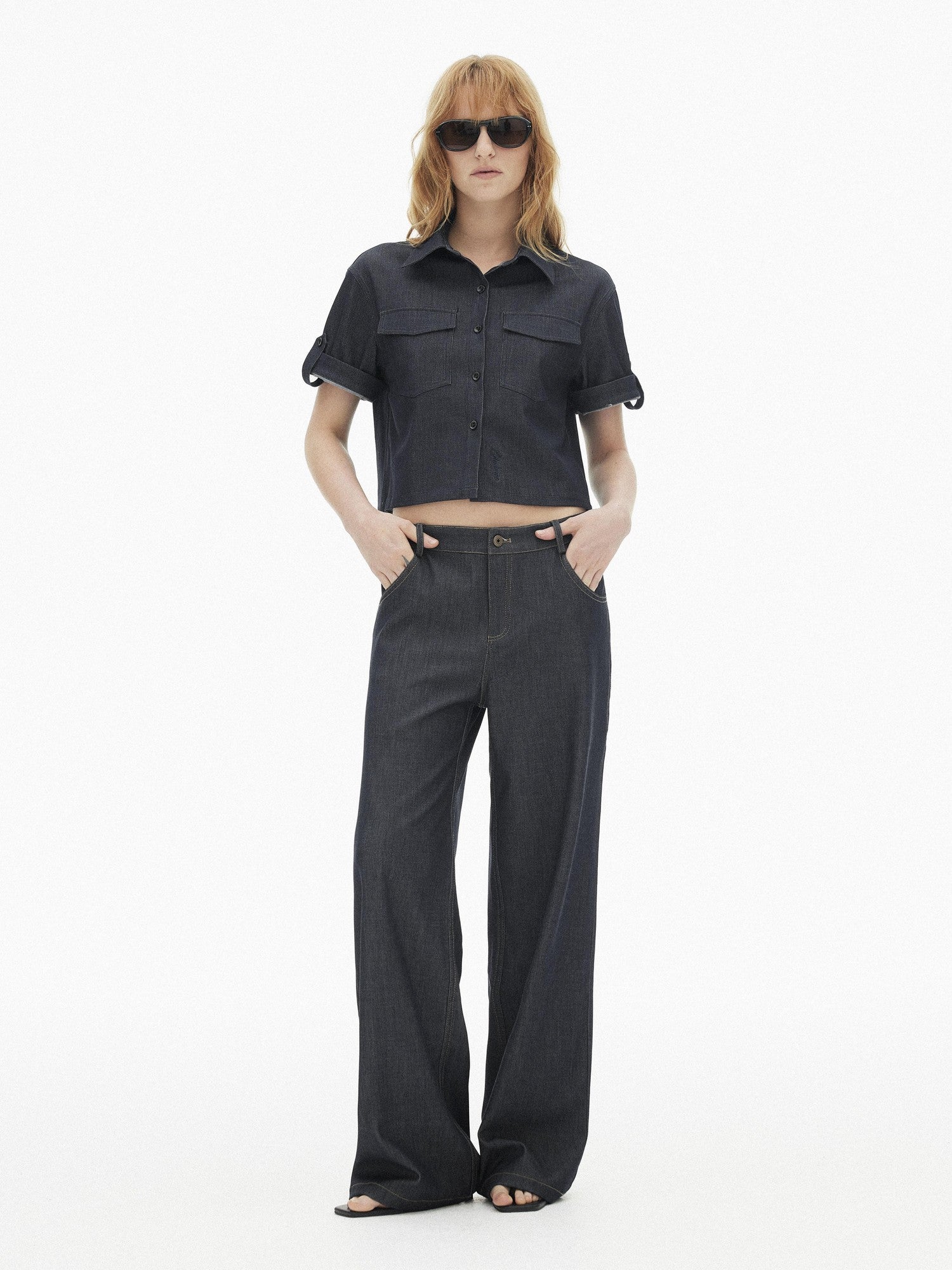AFTADAWN Denim Utility Patch Pocket Loose Short Sleeve Women&