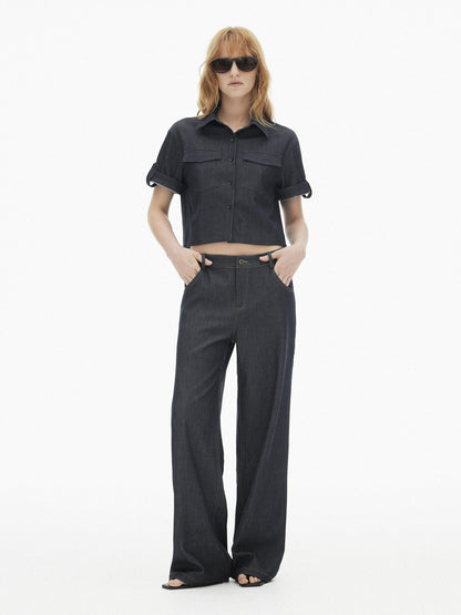AFTADAWN Denim Utility Patch Pocket Loose Short Sleeve Women&