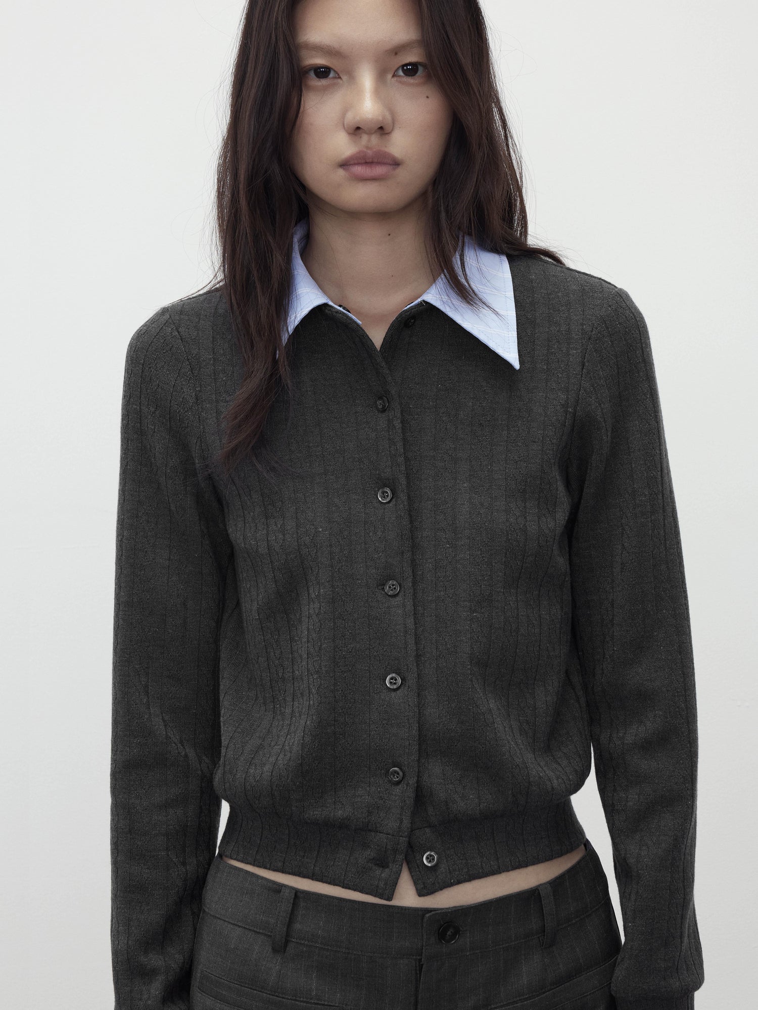 AFTADAWN Detachable Collar Wool Blend Textured Long Sleeve Knit Top