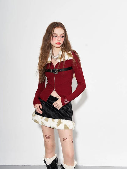 Detachable Faux Fur Collar Dual Zip Knit Top