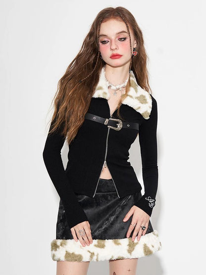 Detachable Faux Fur Collar Dual Zip Knit Top