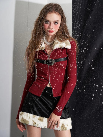 Detachable Faux Fur Collar Dual Zip Knit Top