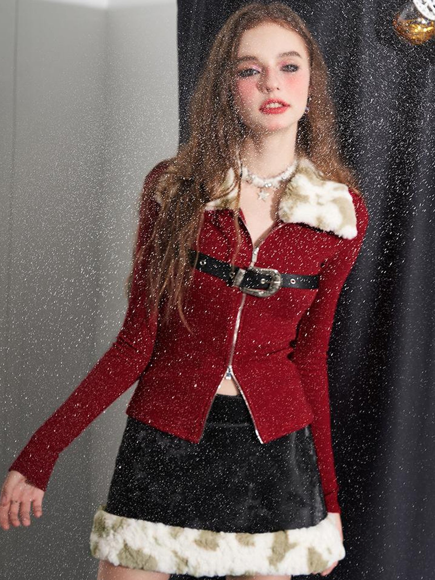 AFTADAWN Detachable Faux Fur Collar Dual Zip Knit Top