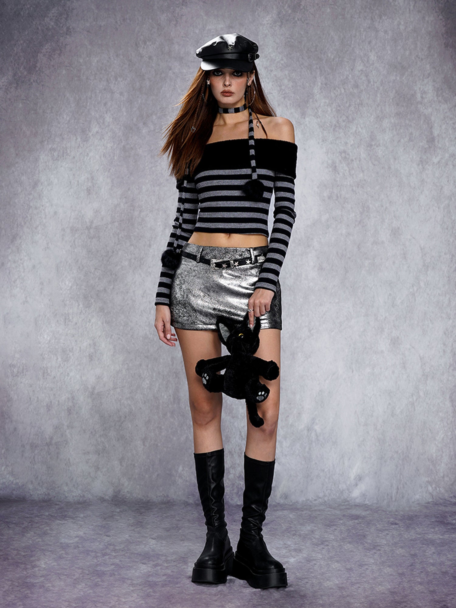 AFTADAWN Distressed Metallic Silver Texture Mini Skirt