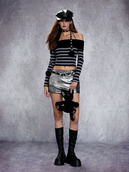 Distressed Metallic Silver Texture Mini Skirt
