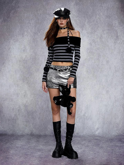 Distressed Metallic Silver Texture Mini Skirt
