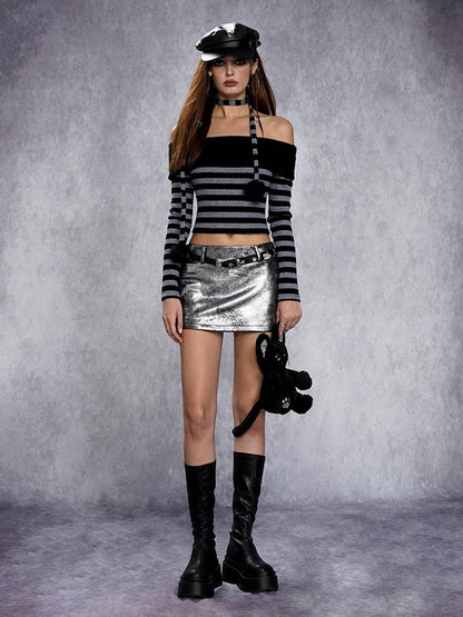 AFTADAWN Distressed Metallic Silver Texture Mini Skirt