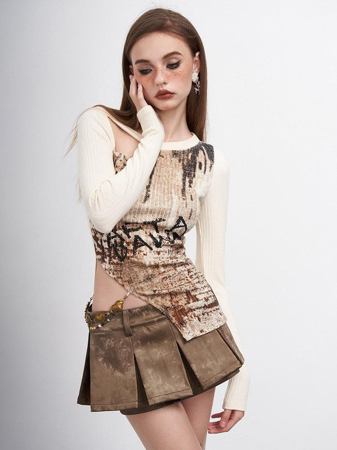 AFTADAWN Distressed Print Cutout Chain Asymmetric Women&