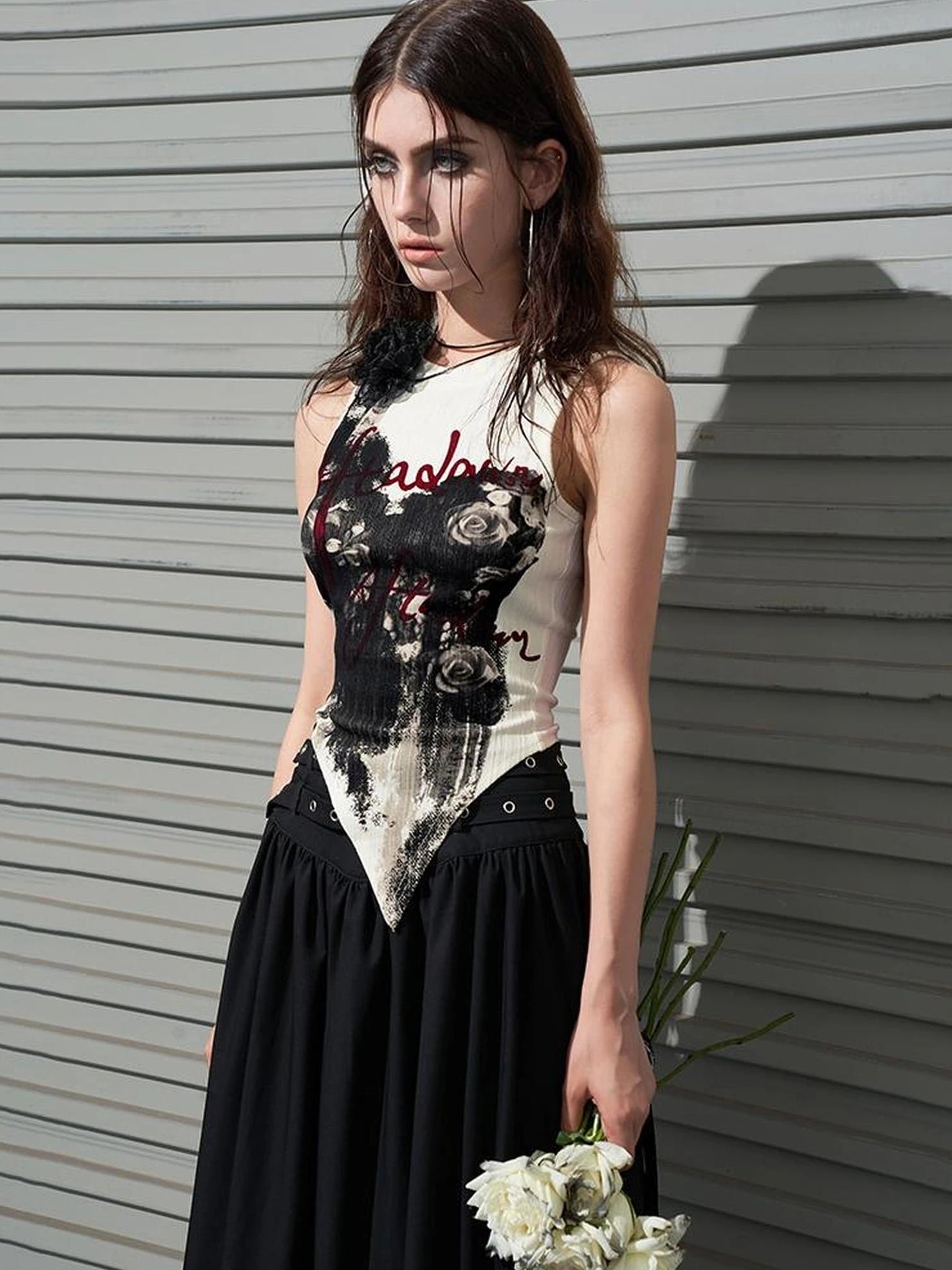 AFTADAWN Distressed Rose Hand Painted Camisole T-shirt