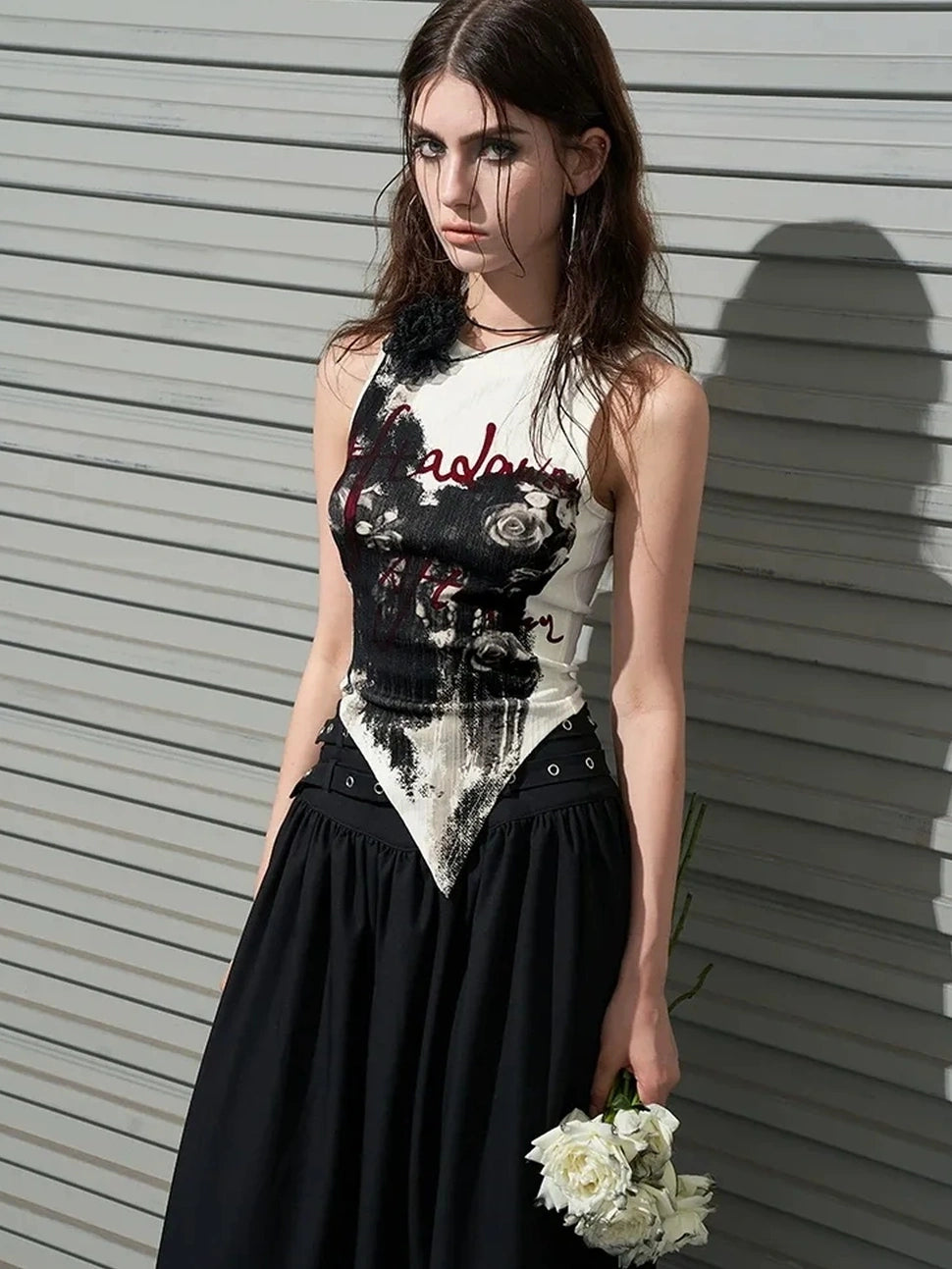 AFTADAWN Distressed Rose Hand Painted Camisole T-shirt