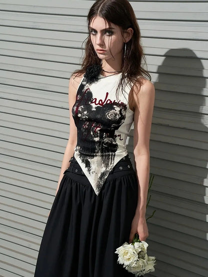 AFTADAWN Distressed Rose Hand Painted Camisole T-shirt
