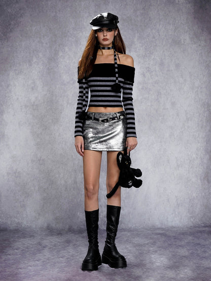 AFTADAWN Distressed Textured Silver Lurex Low Waist Women&