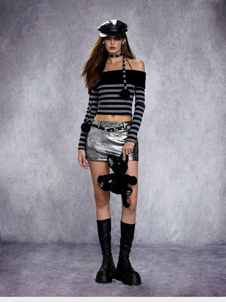 AFTADAWN Distressed Textured Silver Lurex Low Waist Women&