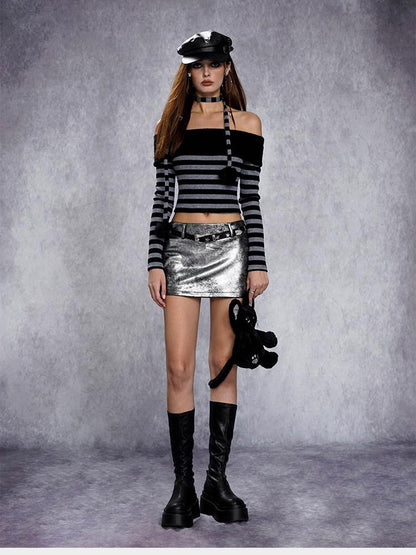 AFTADAWN Distressed Textured Silver Lurex Low Waist Women&