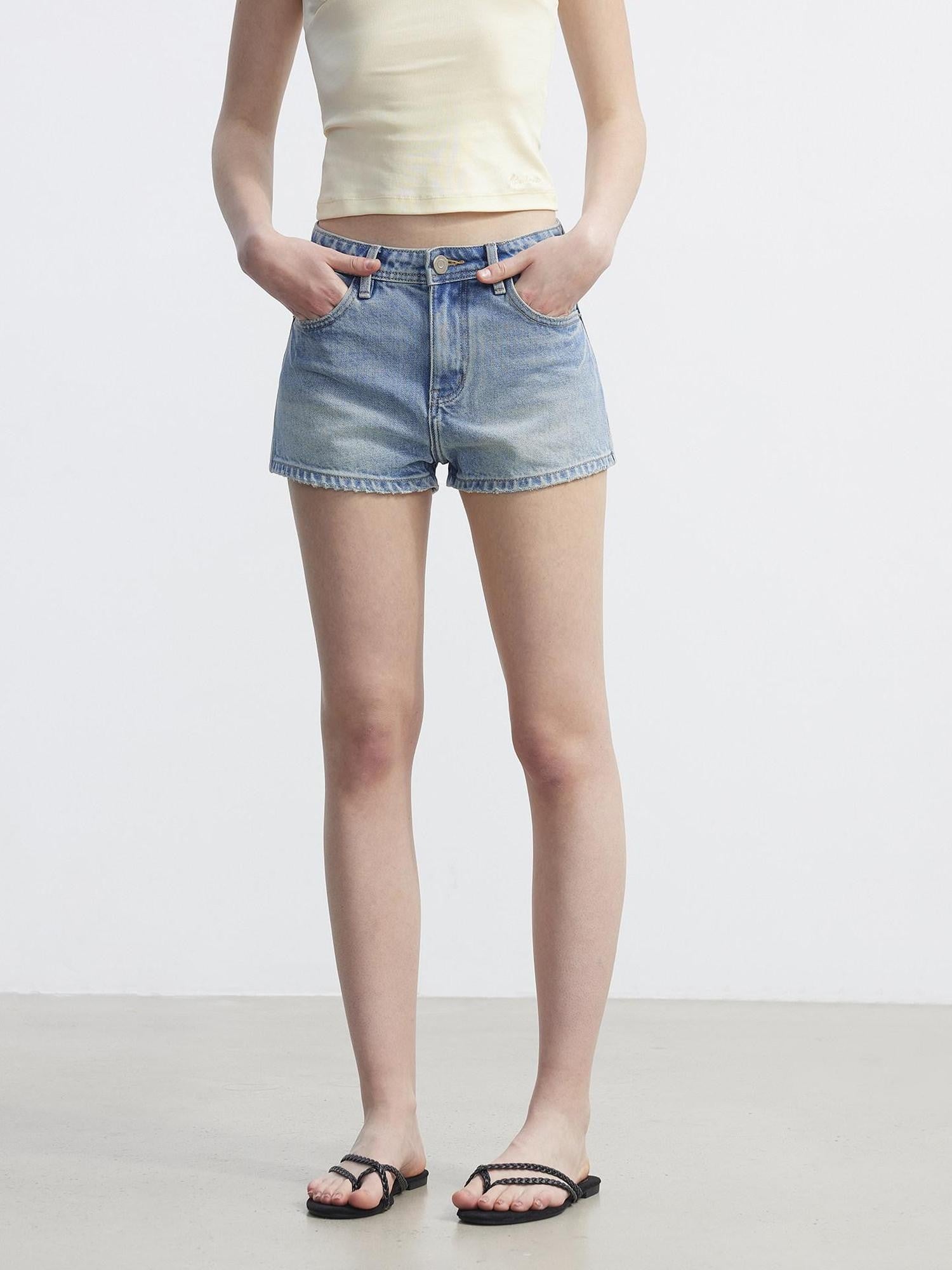 AFTADAWN Distressed Washed Brushed Hem Low Rise Micro A Line Women&