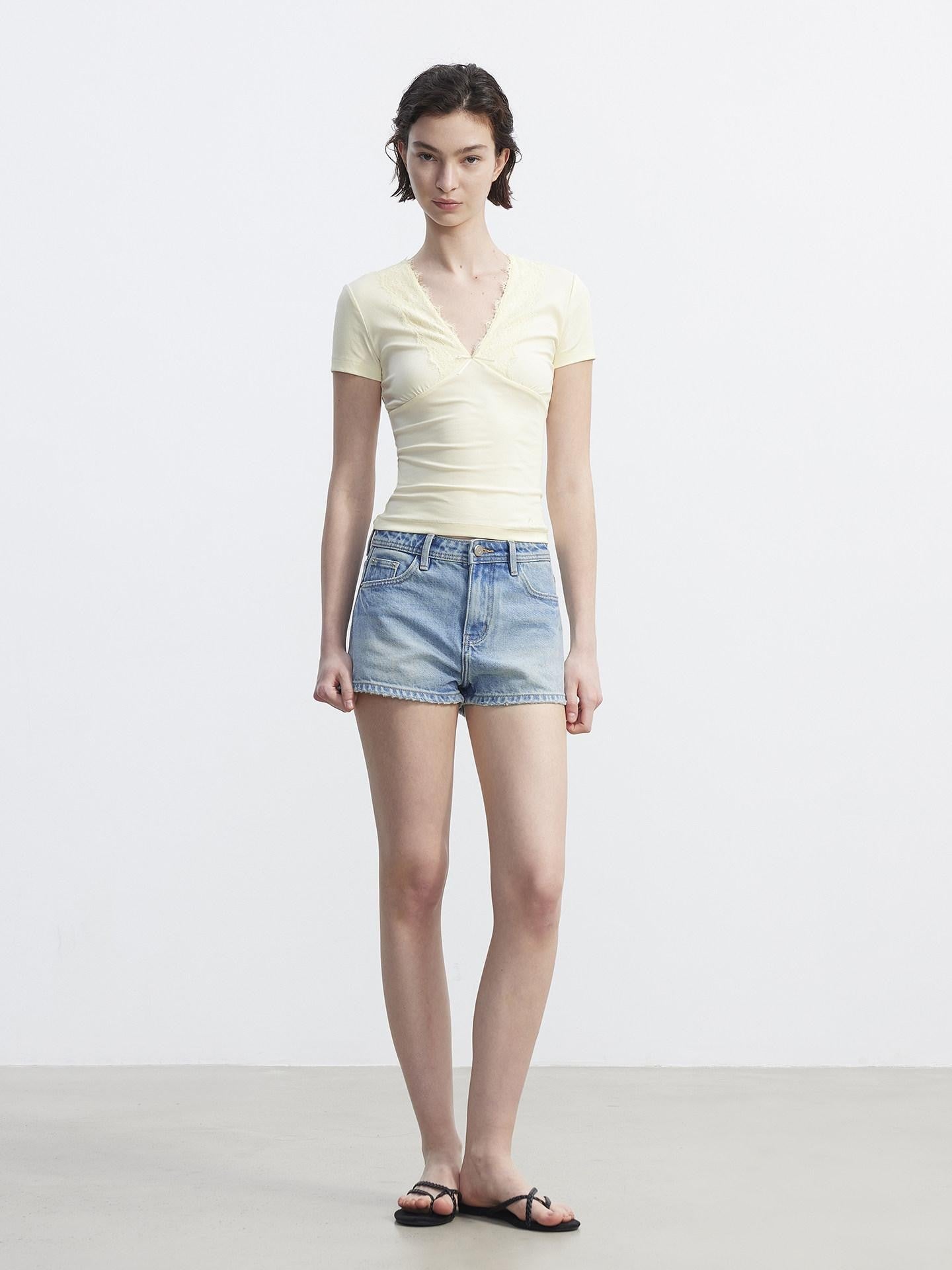AFTADAWN Distressed Washed Brushed Hem Low Rise Micro A Line Women&