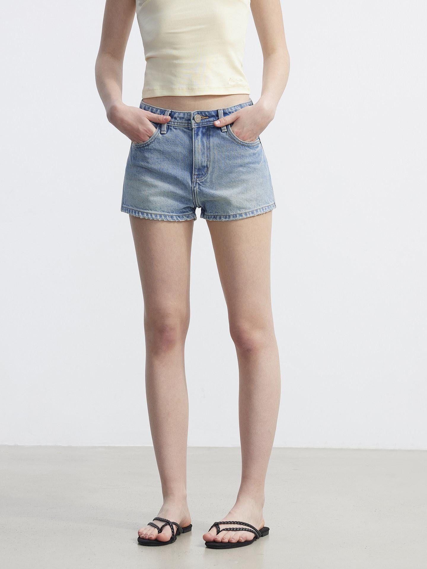 AFTADAWN Distressed Washed Brushed Hem Low Rise Micro A Line Women&