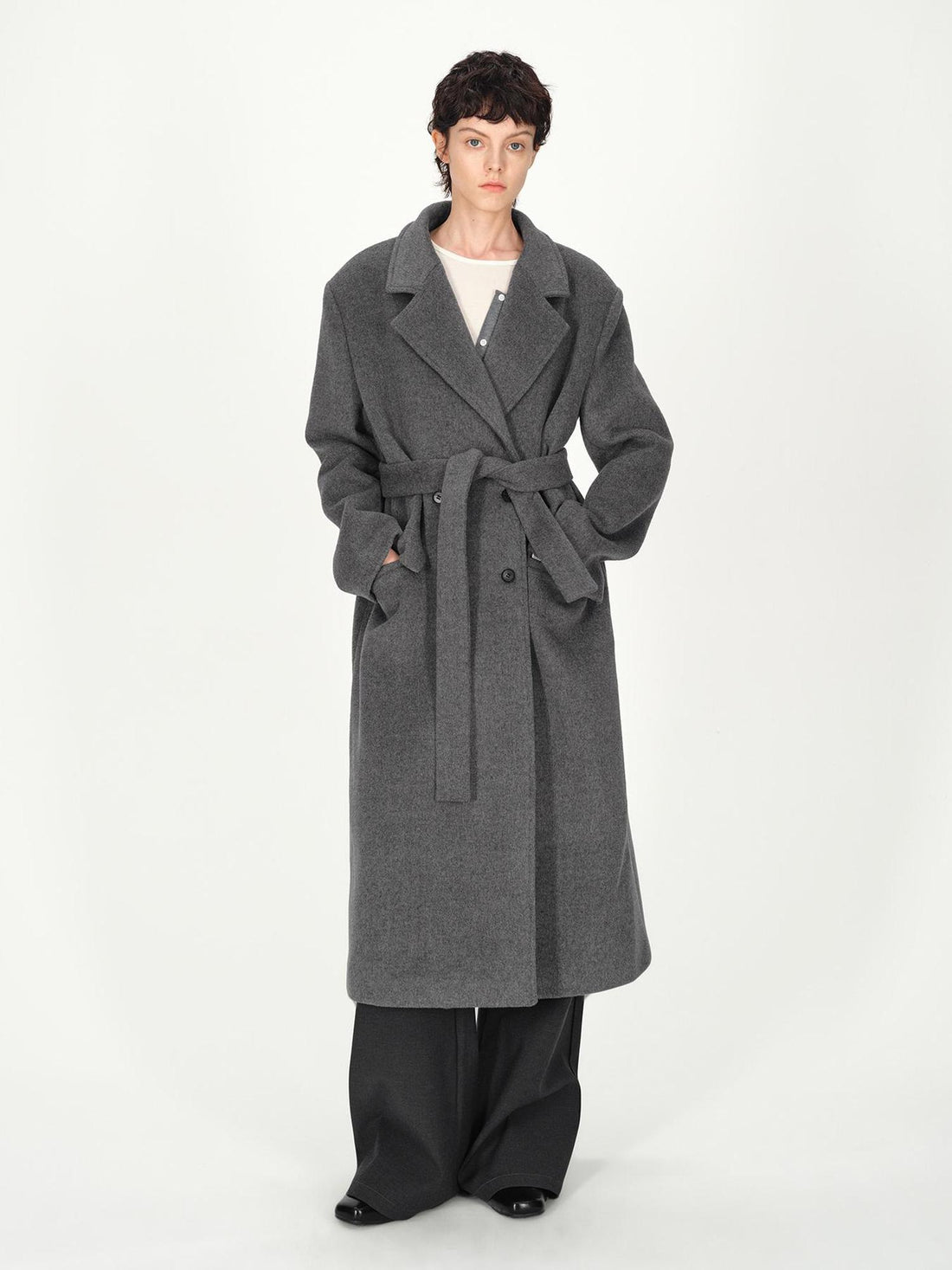 AFTADAWN Double Breasted Gray Wool Overcoat With Detachable Belt
