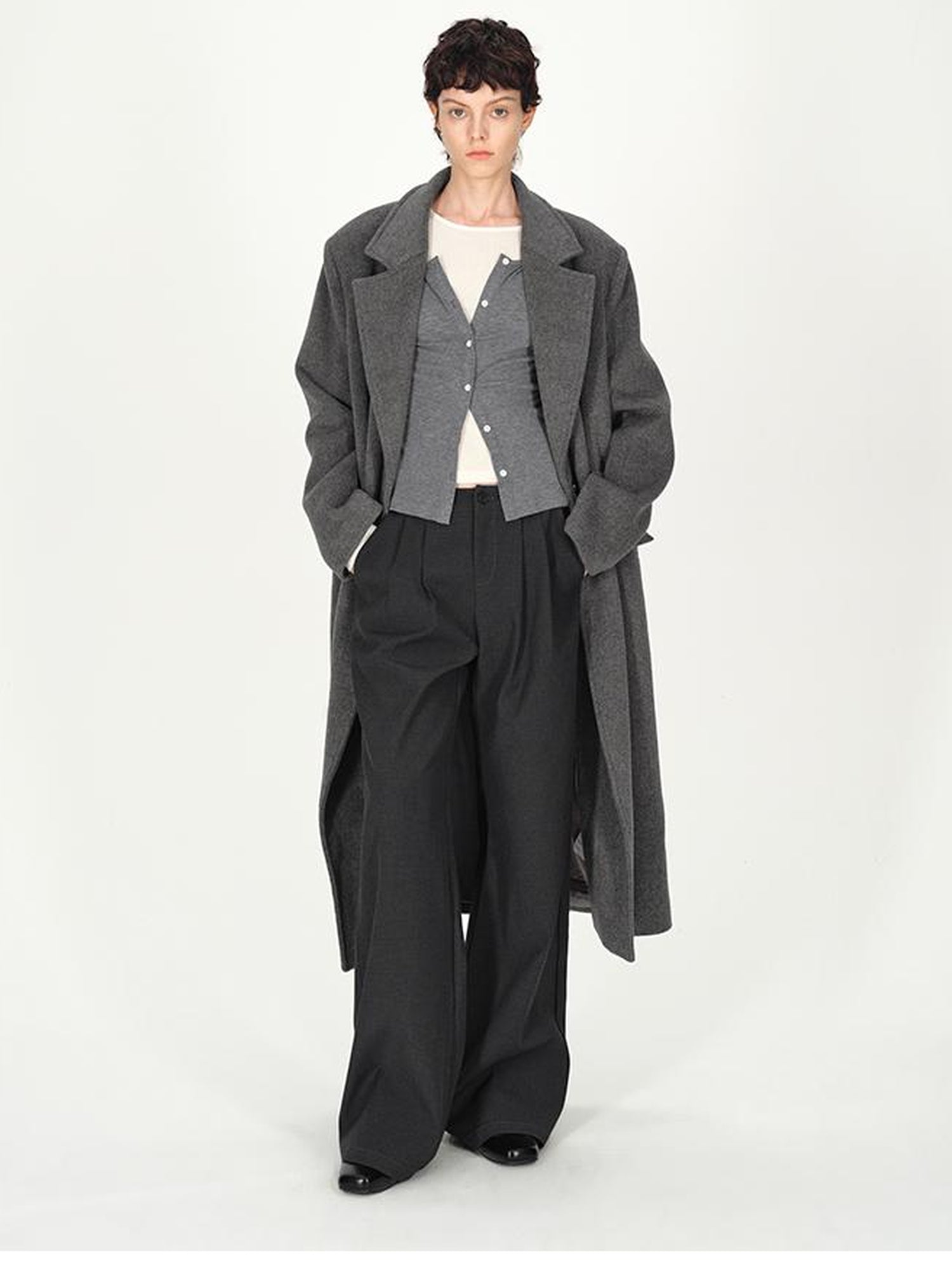AFTADAWN Double Breasted Gray Wool Overcoat With Detachable Belt