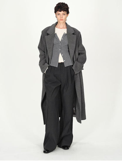 AFTADAWN Double Breasted Gray Wool Overcoat With Detachable Belt
