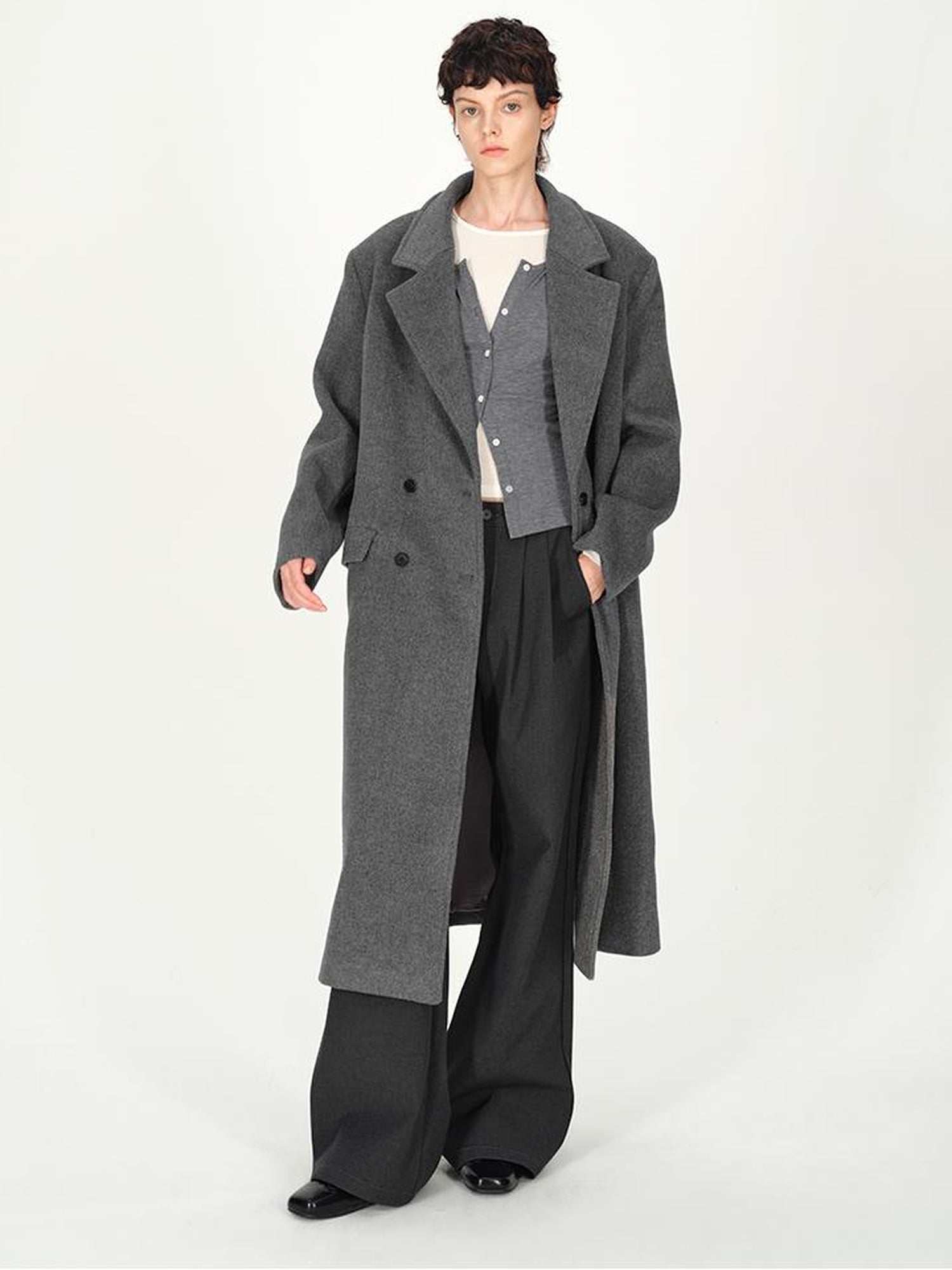 AFTADAWN Double Breasted Gray Wool Overcoat With Detachable Belt