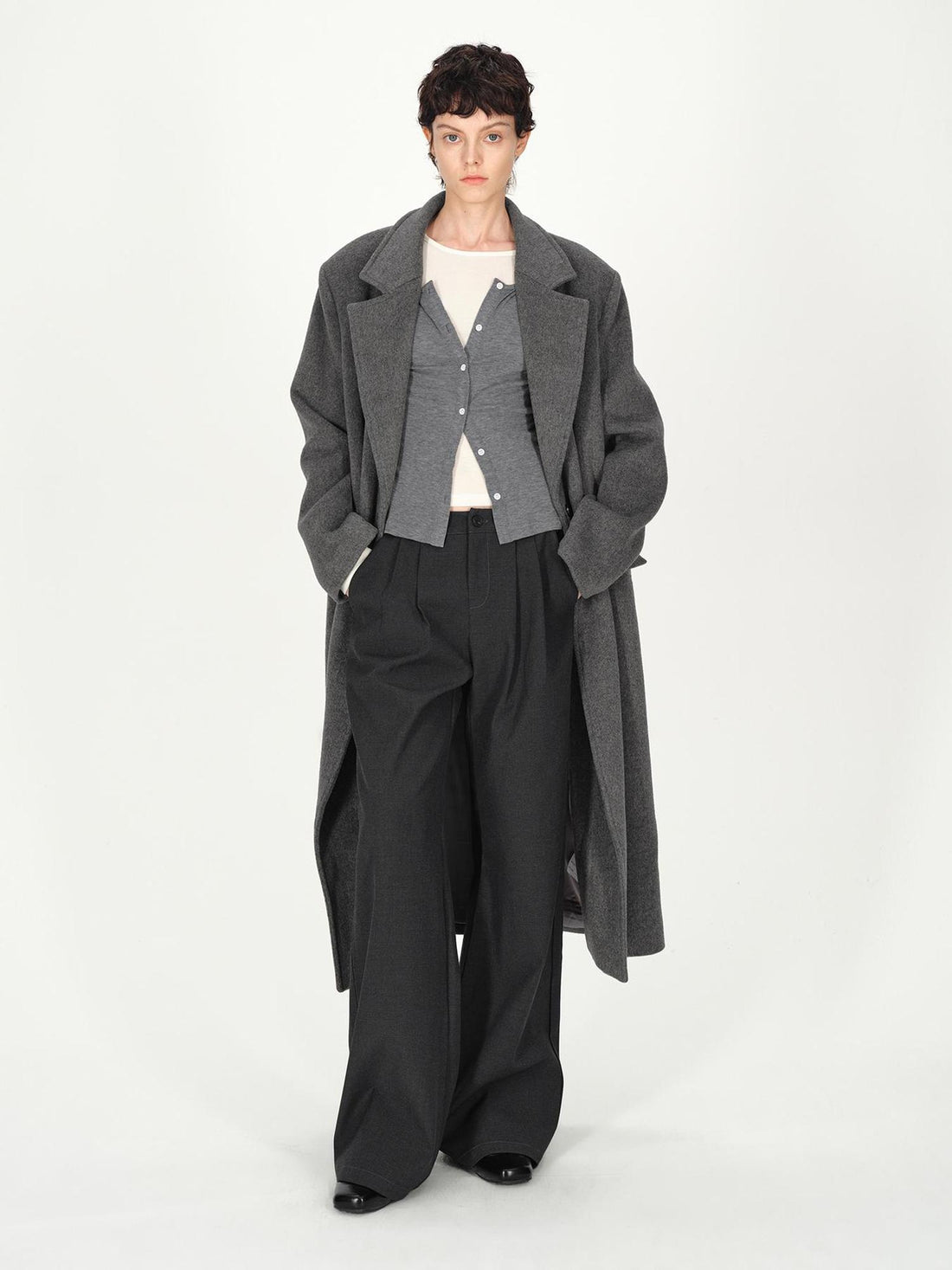 AFTADAWN Double Breasted Gray Wool Overcoat With Detachable Belt