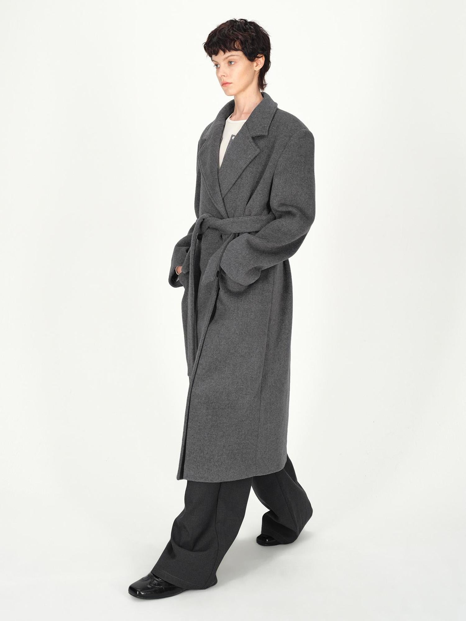 AFTADAWN Double Breasted Gray Wool Overcoat With Detachable Belt