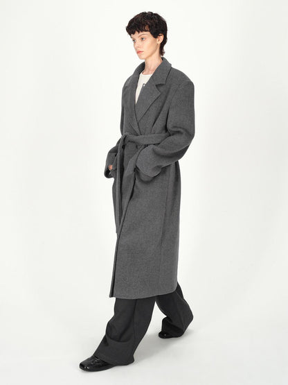 AFTADAWN Double Breasted Gray Wool Overcoat With Detachable Belt