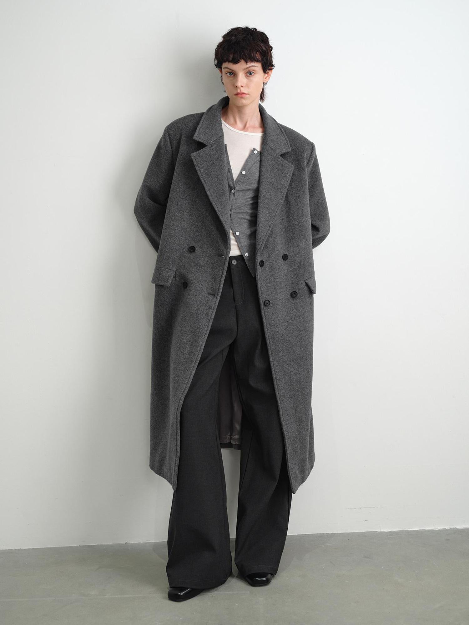 AFTADAWN Double Breasted Gray Wool Overcoat With Detachable Belt