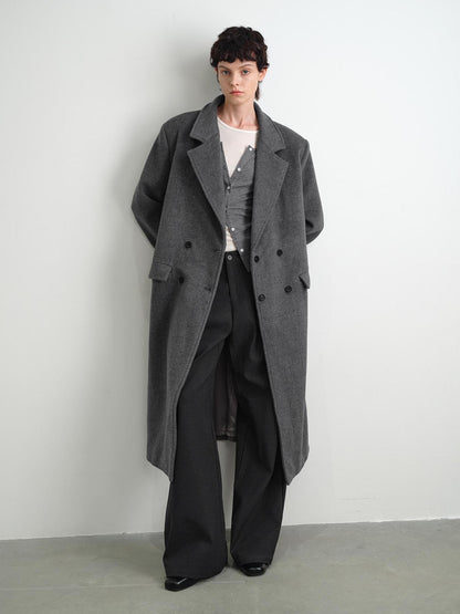 AFTADAWN Double Breasted Gray Wool Overcoat With Detachable Belt