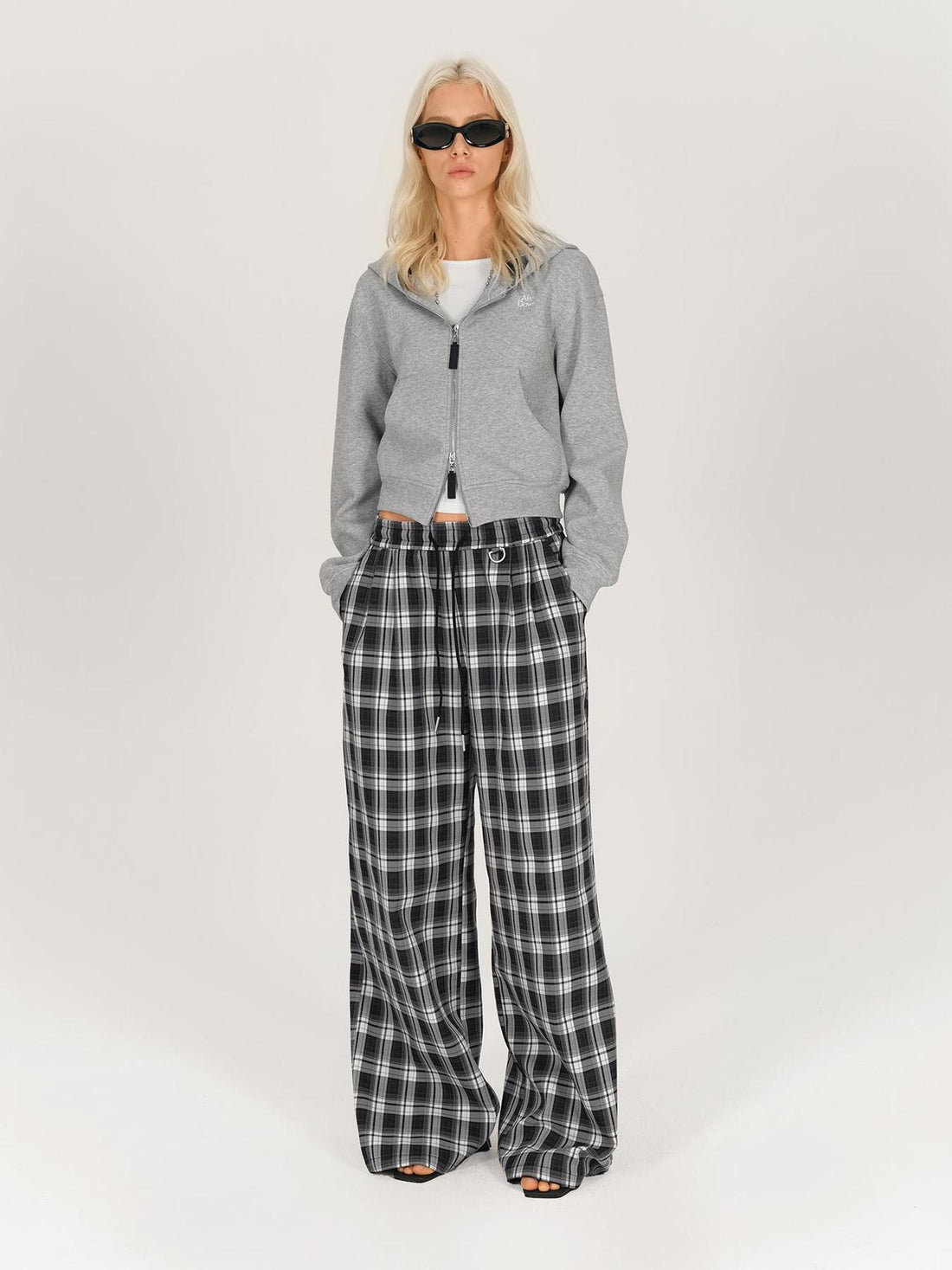 AFTADAWN Double Zip Hooded Plaid Trim Cotton Blend Sweatshirt