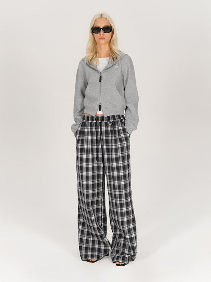 AFTADAWN Double Zip Hooded Plaid Trim Cotton Blend Sweatshirt