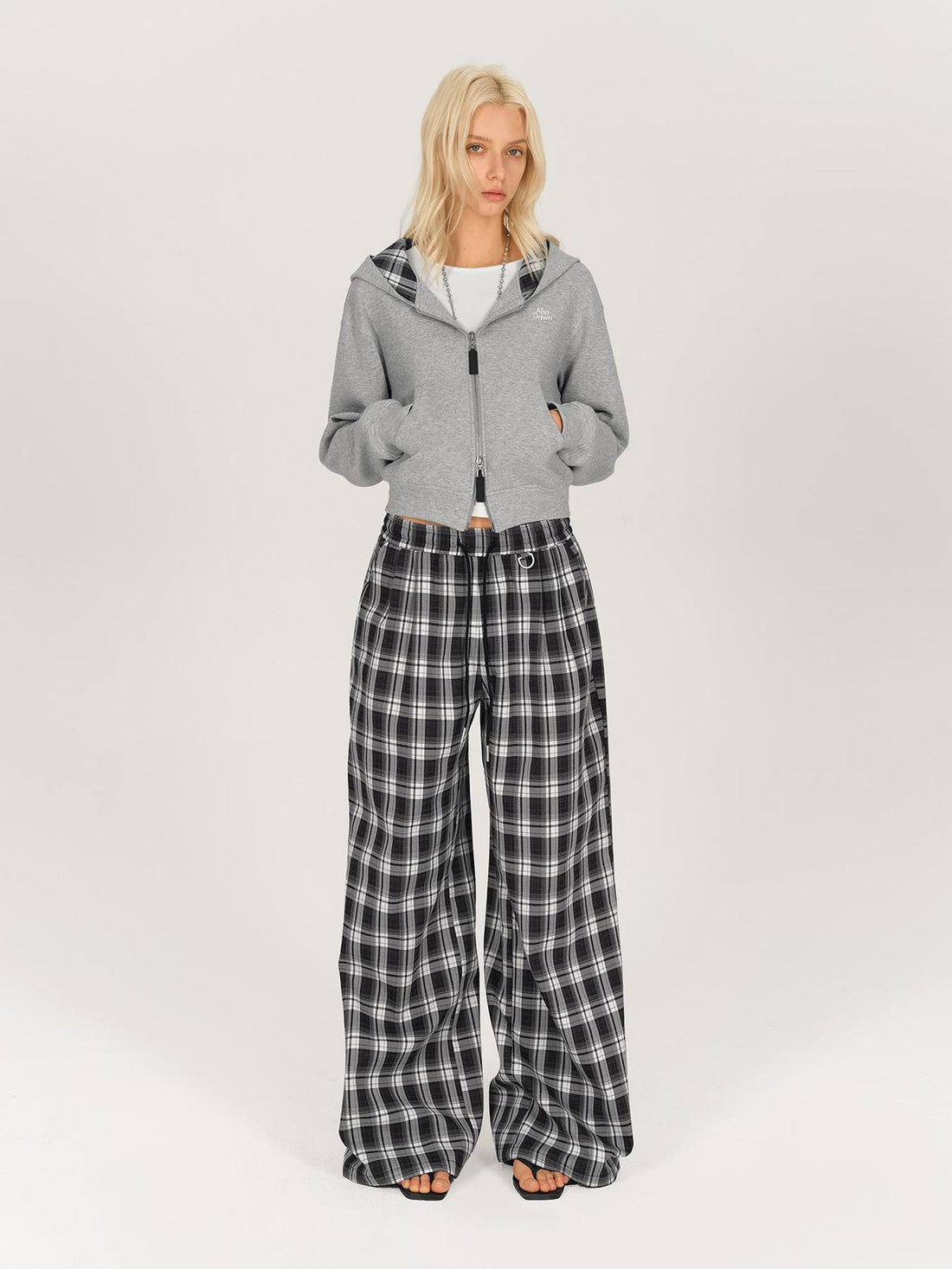 AFTADAWN Double Zip Hooded Plaid Trim Cotton Blend Sweatshirt