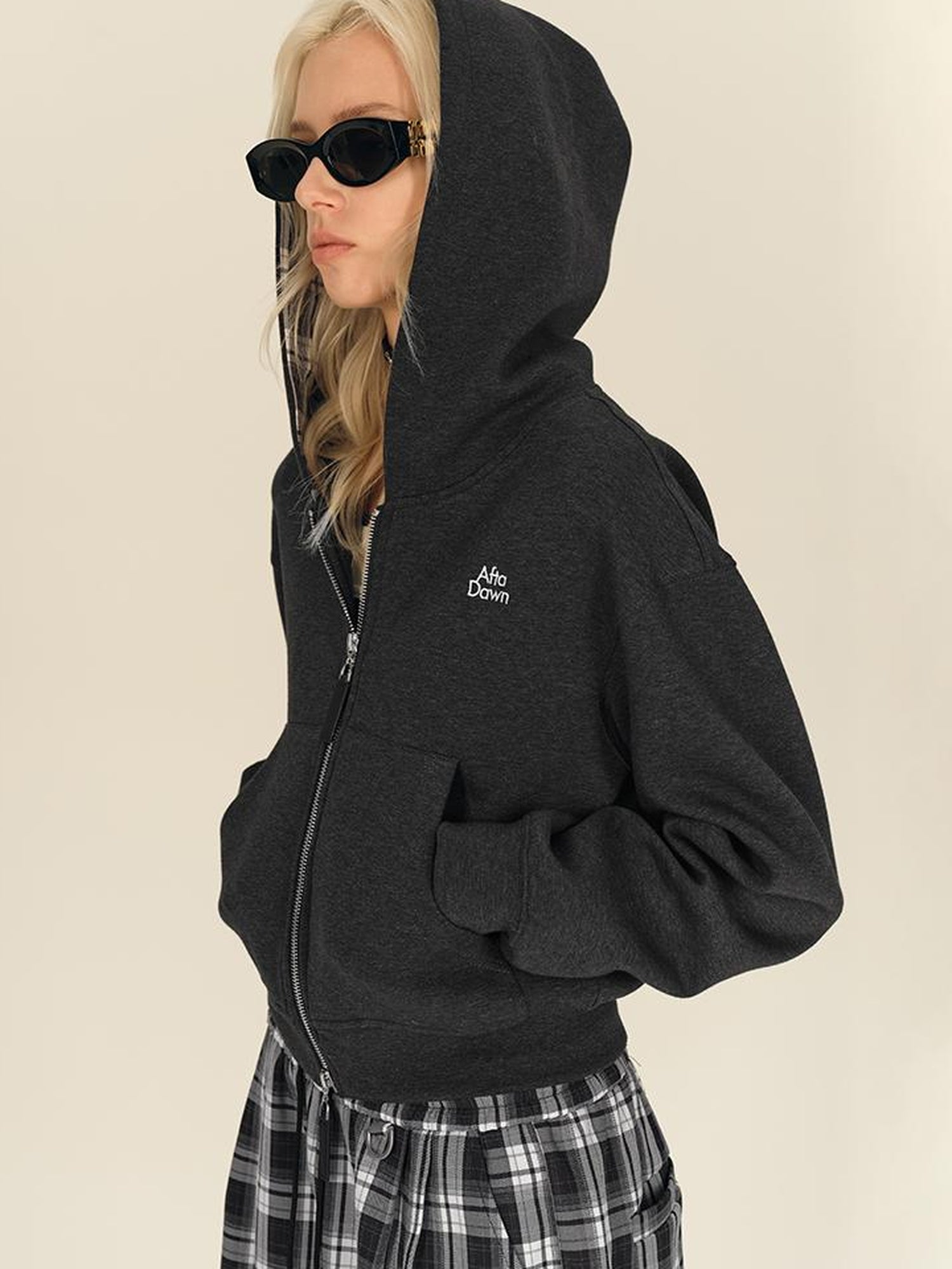 AFTADAWN Double Zip Hooded Plaid Trim Cotton Blend Sweatshirt
