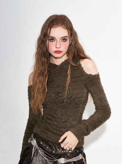 AFTADAWN Dragon Embroidery Metal Rivet Off Shoulder Hooded Women&