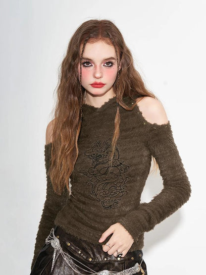 Dragon Year Metal Studs Embroidery Glitter Shoulder Cut Hoodie Top