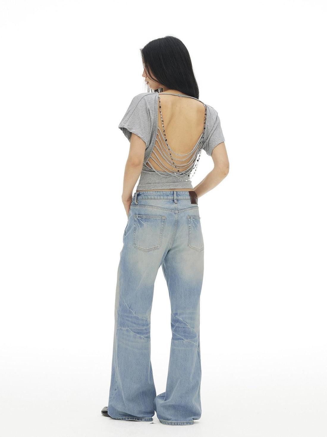 AFTADAWN Draped Backless Chain Waist Cinch Batwing Women&