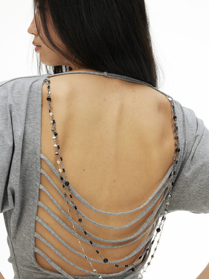 AFTADAWN Draped Backless Chain Waist Cinch Batwing Women&