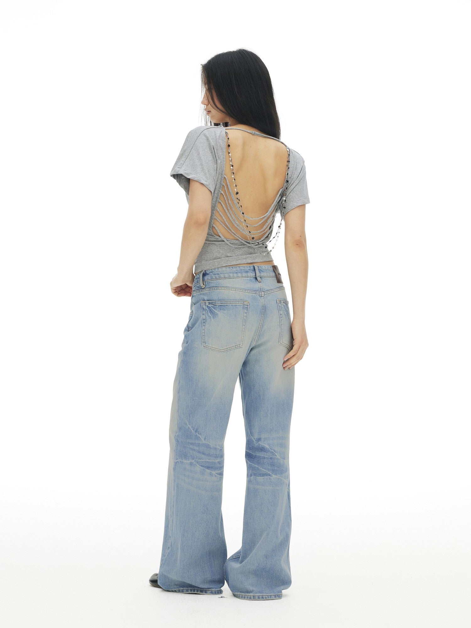 AFTADAWN Draped Backless Chain Waist Cinch Batwing Women&