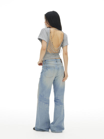 AFTADAWN Draped Backless Chain Waist Cinch Batwing Women&