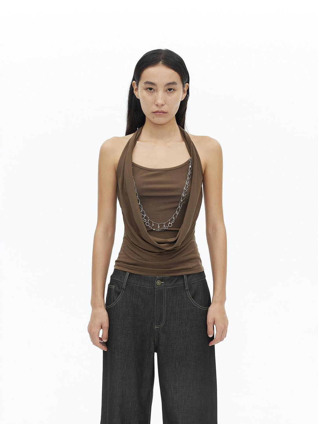 AFTADAWN Draped Cowl Neck Removable Chain Faux Two Piece Women&