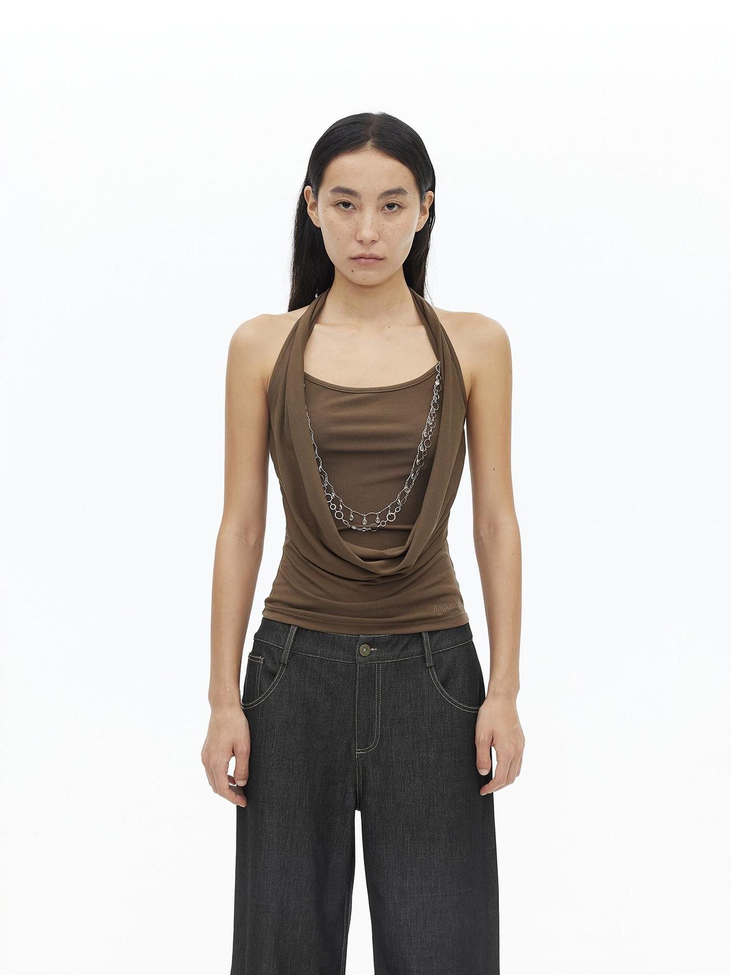 AFTADAWN Draped Cowl Neck Removable Chain Faux Two Piece Women&