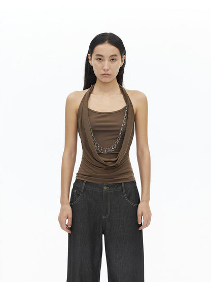 AFTADAWN Draped Cowl Neck Removable Chain Faux Two Piece Women&