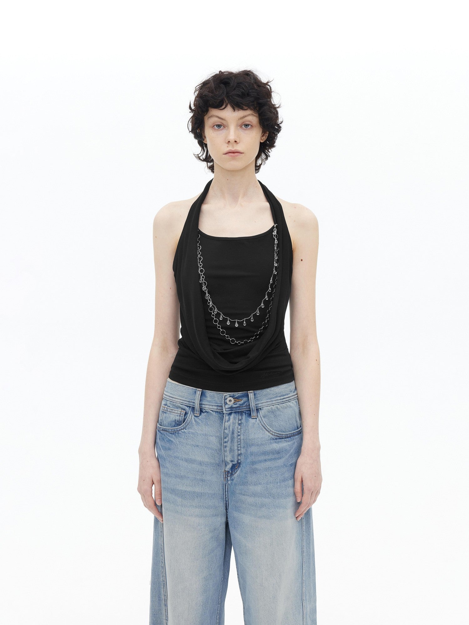 AFTADAWN Draped Cowl Neck Removable Chain Faux Two Piece Women&