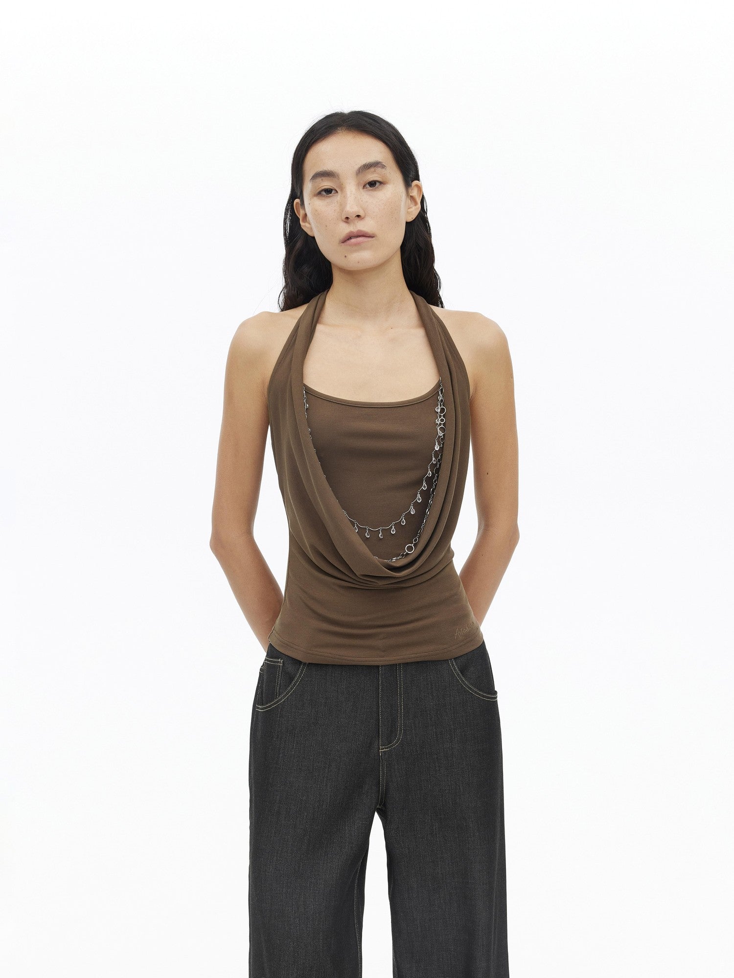 AFTADAWN Draped Cowl Neck Removable Chain Faux Two Piece Women&
