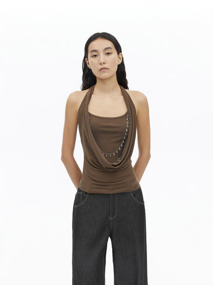 AFTADAWN Draped Cowl Neck Removable Chain Faux Two Piece Women&